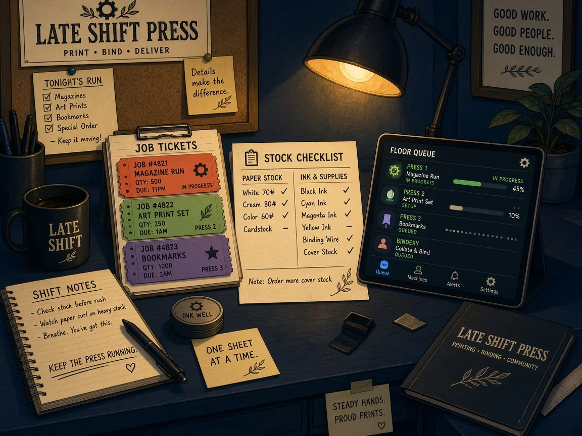 Shift desk with job tickets, stock checklists, and a tablet showing the floor queue