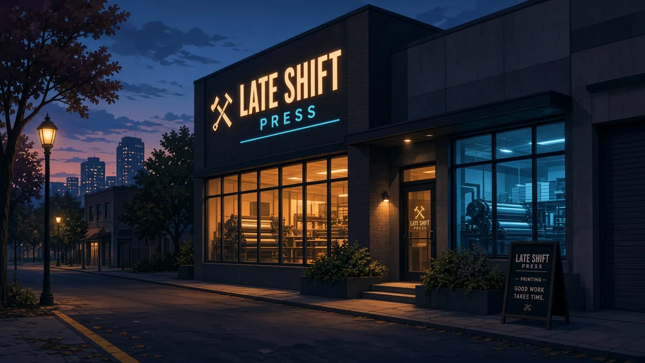 Evening exterior glow of a modern print studio with lit press windows