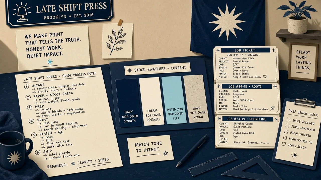 Guide process notes beside stock swatches and job tickets on a prep bench