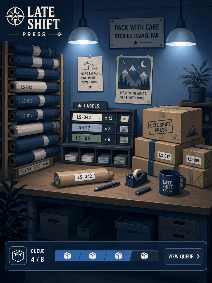 Packing station with stacked poster tubes and label trays under cool studio lighting