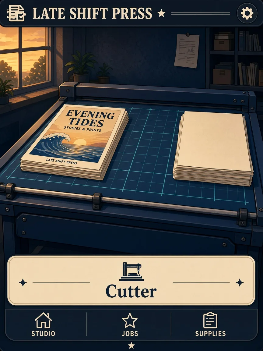 Precision cutter bed with registration marks and finished poster stacks