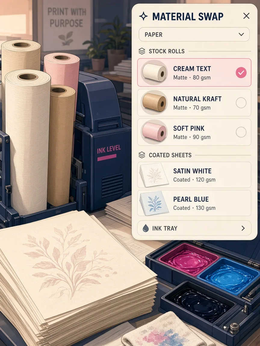 Close-up of paper stock rolls and ink trays beside a material swap panel