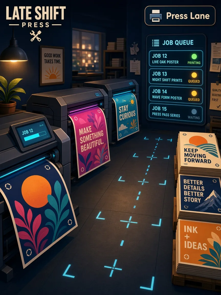 Illustrated press lane with large-format printers feeding poster sheets into a lighted queue