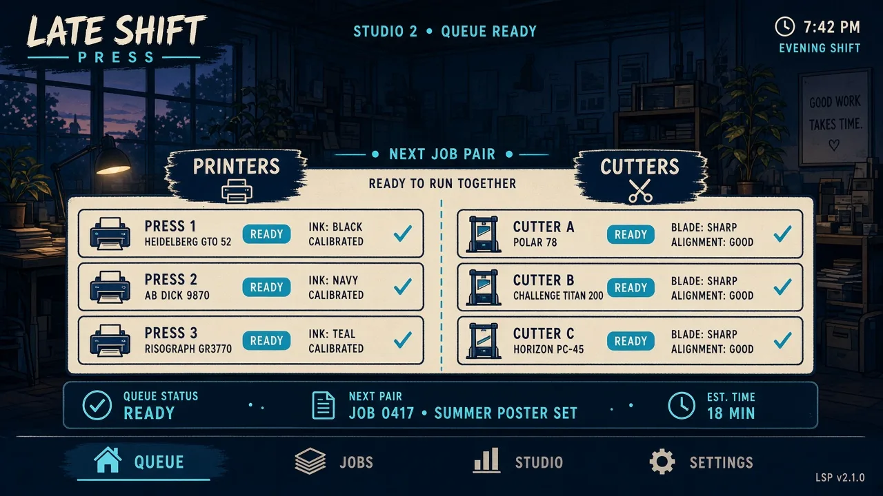 Split queue board showing printers and cutters ready for the next job pair