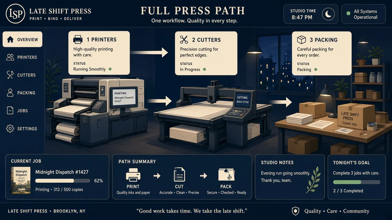 Wide studio overview linking printers, cutters, and packing in one workflow