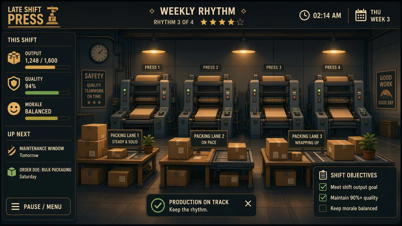 Calm mid-shift floor with evenly loaded presses and tidy packing lanes