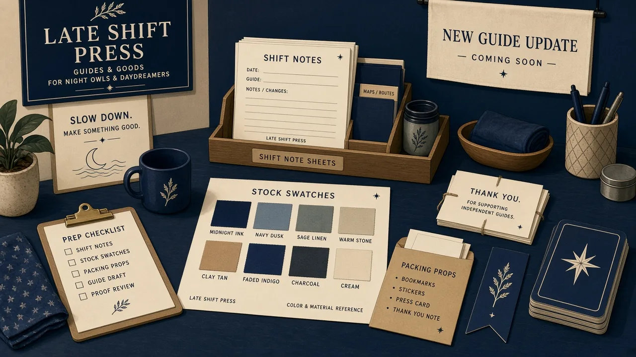 Shift note sheets and studio props prepared for a guide update