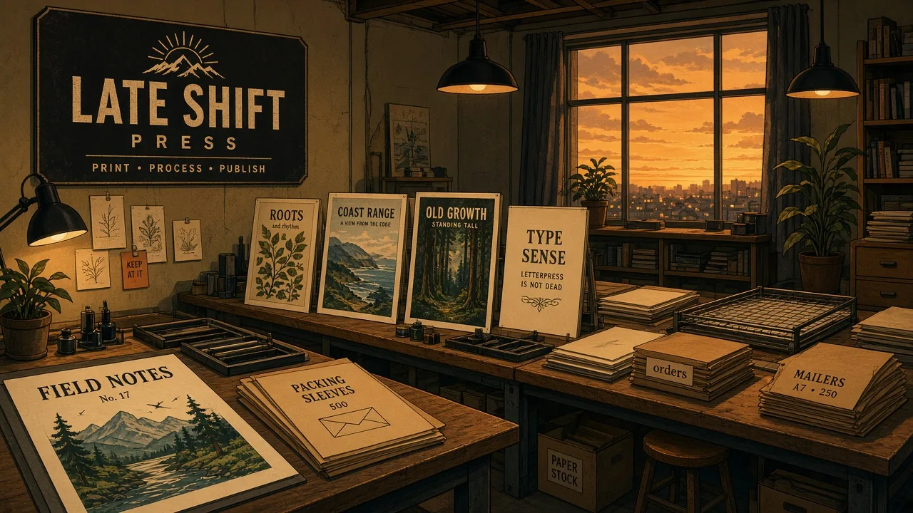 Lined print benches with poster proofs, packing sleeves, and amber evening studio light